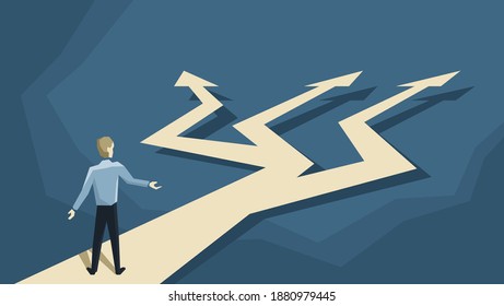 crossroads and man in low poly style, before important choice - correct decision choosing. vector illustration for business concept or political voting