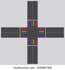 crossroads with marked path and rainbow style crosswalk, created in flat