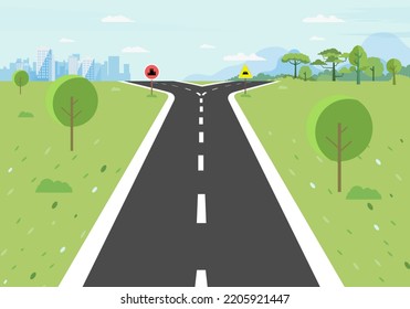 Crossroads Nature Path To City And Forest Vector Illustration.Scene Nature With Road, Town , Mountains, Trees, And Sky Background