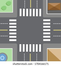 Crossroads with road markings, trees and buildings on the sidewalk vector drawing
