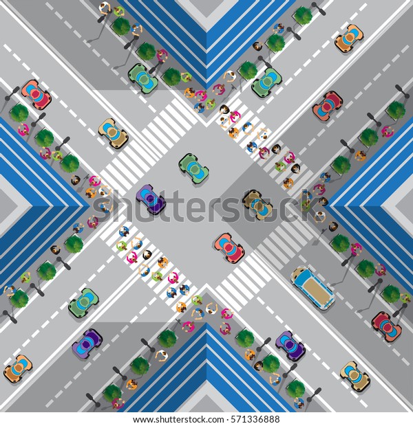 Crossroads in the town. Flow of people.\
View from above. Vector\
illustration.