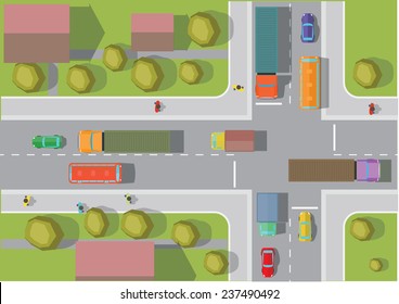 Crossroads in the town. Top view. Vector illustration.