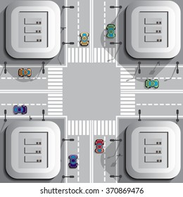 Crossroads in the town. View from above. Vector illustration. Applique with realistic shadows.
