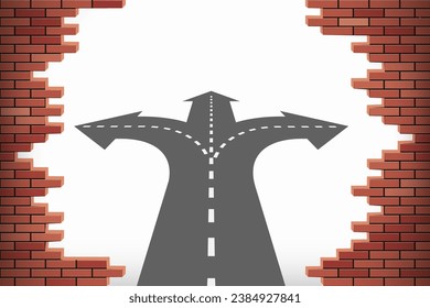 Crossroads with traffic direction arrows through a broken brick wall. Stock vector illustration