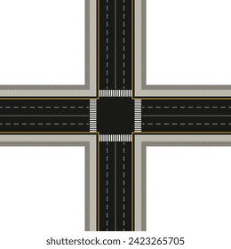 Crossroads of two roads with pedestrian paths, Empty highway asphalt road texture, Ariel View Road isolated on whit, Empty highway black asphalt road with dividing lines, Top view, Vector Illustration