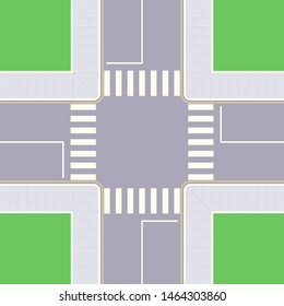Crossroads of two roads with road markings, walkways. Vector illustration of top view