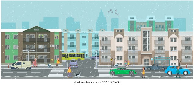 A crossroads of a winter city. vector illustration, flat style design