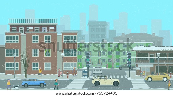 A crossroads of a winter city. vector\
illustration, flat style\
design