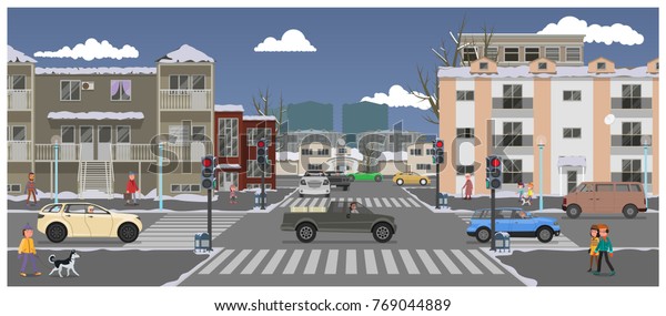 A crossroads of a winter city. vector\
illustration, flat style\
design