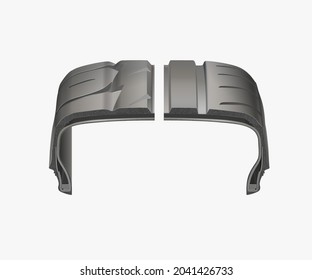 A cross-section of a car tire, isolated on white background.  Construction and components of a wheel  tyre.  Clipping path. Highly detailed tires.