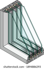 Cross-section diagram of a quadruple glazed window.