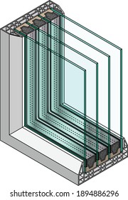 Cross-section diagram of a quadruple glazed window.