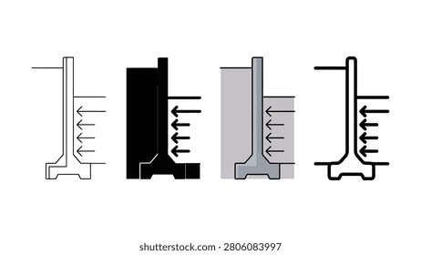 Crosssection diagrams of retaining walls displaying structural components and applied pressure with arrows