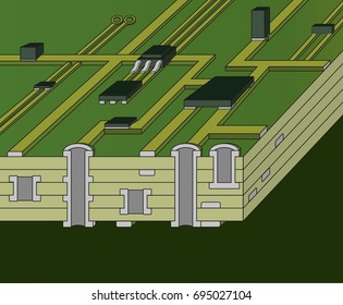 Cross-section of green motherboard. 3D vector illustration.