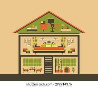Cross-section of house in flat style illustration. Bathroom, living room, kitchen, bedroom