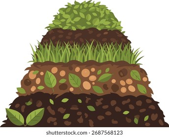 A cross-section illustration showing multiple soil layers, organic compost, grass, and decomposing plant matter, ideal for gardening, agriculture, ecology, or environmental education topics