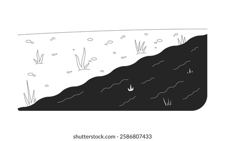 Cross-section of land with grass and water linear illustration. Scattered stones grassy shoreline. Natural landscape ecosystem 2D line scene isolated on white. Monochrome vector outline image