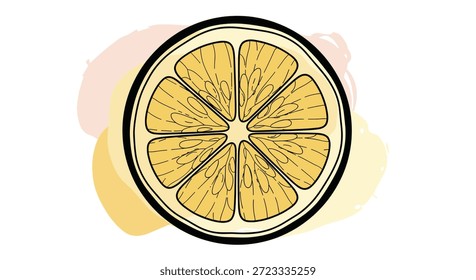 Corte transversal de un limón o cítrico con segmentos detallados sobre Formas de colores abstractos en estilo moderno.