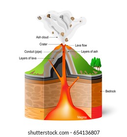 Cross-section ofa volcano. eruption scheme on white background. Vector Infographic