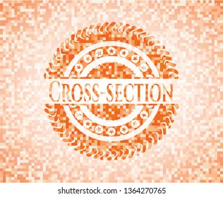 Cross-section orange tile background illustration. Square geometric mosaic seamless pattern with emblem inside.