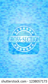 Cross-section realistic light blue emblem. Mosaic background