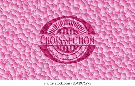 Emblema rosa de estilo retro transversal con fondo de burbujas. Ilustración vectorial. Detallado. 
