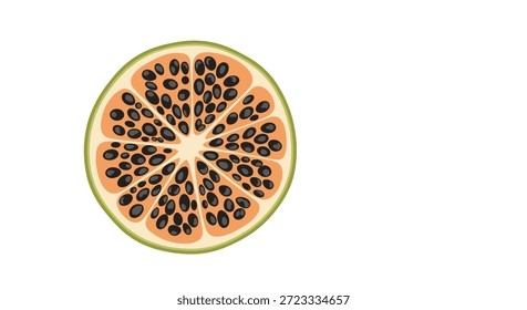 A seção transversal de um fruto redondo com muitas sementes pretas dentro de uma polpa laranja pálida representa uma espécie tropical exótica como o maracujá.