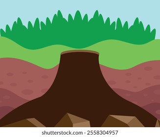 Cross-section of soil layers with a tree stump, grass on top, followed by lighter green and brown soil layers, and rocks at the bottom