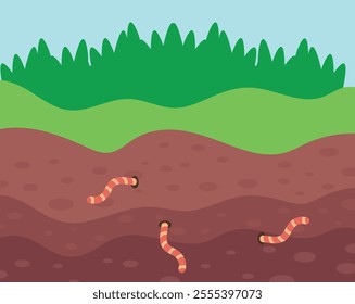 Cross-section of soil with three earthworms, green grass on top, and a blue sky, illustrating the natural habitat and role of earthworms in soil ecosystems.