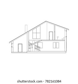 Cross-section suburban house. Vector blueprint. Architectural modern design.