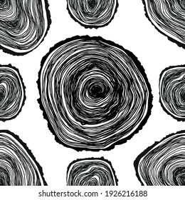 Cross-section of a tree seamless pattern hand draw. Tree rings hand draw seamless vector pattern. Saw cut tree trunk background. Vector seamless pattern.