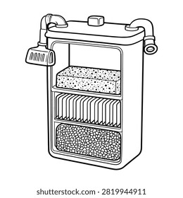 Crosssection view of an aquarium filter showing sponge pleated media and granular material inside