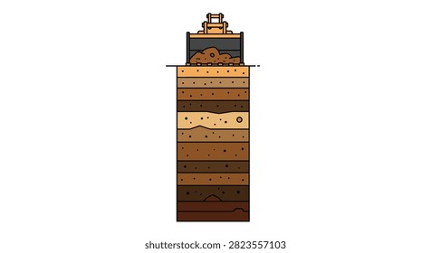 Cross-section view of stratified soil layers showing geological composition with a mechanical excavator bucket digging into the topsoil for environmental study.
