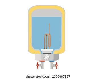 Cross-sectional diagram of a water heater with internal components: heating elements, insulation layer, thermometer, and connection fittings. Modern water tank with heating pipe. Vector illustration.
