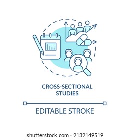 Cross-sectional studies turquoise concept icon. Clinical trials type abstract idea thin line illustration. Isolated outline drawing. Editable stroke. Arial, Myriad Pro-Bold fonts used