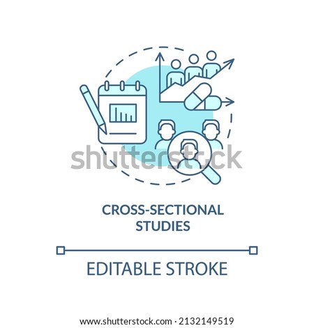 Cross-sectional studies turquoise concept icon. Clinical trials type abstract idea thin line illustration. Isolated outline drawing. Editable stroke. Arial, Myriad Pro-Bold fonts used