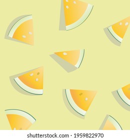 A cross-sectional view of yellow watermelon cut into fresh pieces, showcasing small black seeds and vibrant green rinds. The bright, juicy fruit embodies summer’s heat and refreshment against a color