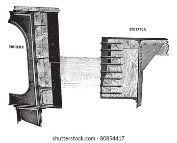 Intersecciones del Thunderer de HMS y del Dictador USS, ilustración vintage grabada. Enciclopedia Trousset (1886-1891).