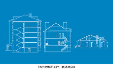 Cross-sections houses set. Vector blueprint. Best interesting architectural background.