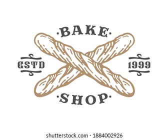 cross-shaped baguette bun in vintage style. label logo bakery.