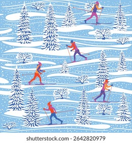 Cross-skiing people man woman winter snow covered trees pines sports activity seamless pattern, vector illustration repeat design print stock illustration