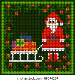 Cross-stitch Christmas Card - Santa Claus with sledge full of gifts