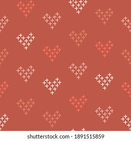 Cross  stitch embroidered heart seamless vector pattern  Romantic folk craft hearty embroidery illustration background for Valentines Day wedding love design
