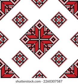 Cross-Stitch EmbroideriedSeamless Pattern with Ornate Element. Ethnic Motif, Handmade Stylization. Traditional Ukrainian Red and Black Embroidery. Ethnic Design Element. Vector 3d Illustration