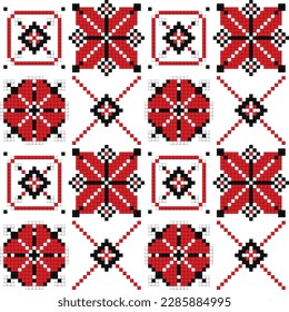 Cross-Stitch EmbroideriedSeamless Pattern with Ornate Element. Ethnic Motif, Handmade Stylization. Traditional Ukrainian Red and Black Embroidery. Ethnic Design Element. Vector 3d Illustration
