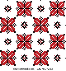 Cross-Stitch EmbroideriedSeamless Pattern with Ornate Element. Ethnic Motif, Handmade Stylization. Traditional Ukrainian Red and Black Embroidery. Ethnic Design Element. Vector 3d Illustration