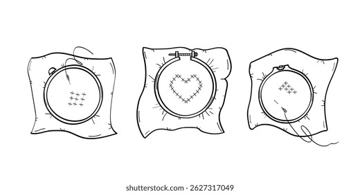 Arco e tela de bordado com costura. Ilustração de rabisco vetorial. Imprimir para design. Isole em um fundo branco.
