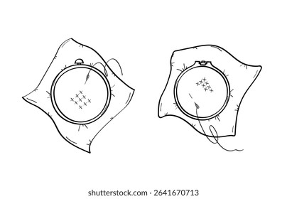 Cross-stitch embroidery hoop and canvas. Vector doodle illustration. Print for design. Isolate on a white background.