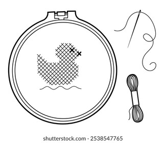 Cross-stitch. Embroidery hoops. Needle and thread. Set of outline illustrations isolated on white background, design elements