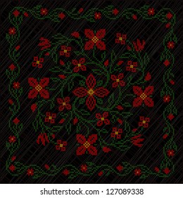 Cross-stitch embroidery in Ukrainian traditional ethnic style, on black background